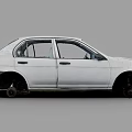 White Sedan Car With Missing Wheels And Worn Exterior Parts