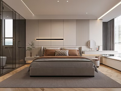 Modern Bedroom Interior Design With Large Bed Area Rug And Built In Cabinets 3d model