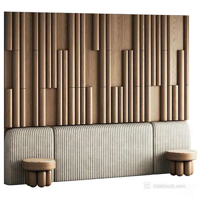 Modern Interior Design With Vertical Wooden Slat Wall Striped Beige Sofa And Small Round Stools 3d model 