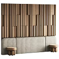 Modern Interior Design With Vertical Wooden Slat Wall Striped Beige Sofa And Small Round Stools
