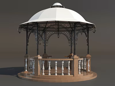 Classic Gazebo With White Dome Black Wrought Iron Frame And White Railings 3d model