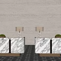 Modern Reception Desk Interior With Marble Countertops Table Lamps And Green Plants