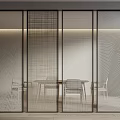 Modern Textured Glass Room Divider With Grid Wave Patterns And Metal Frame In Dining Interior