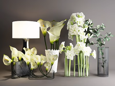 White Calla Lilies And White Blooms In Assorted Glass Vases With Green Foliage 3d model
