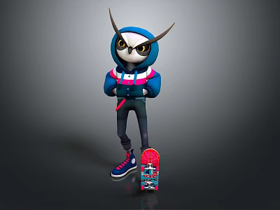 Owl Character Wearing Blue and Red Hoodie Holding Skateboard with Big Eyes on Gray Background 3d model
