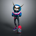 Owl Character Wearing Blue and Red Hoodie Holding Skateboard with Big Eyes on Gray Background