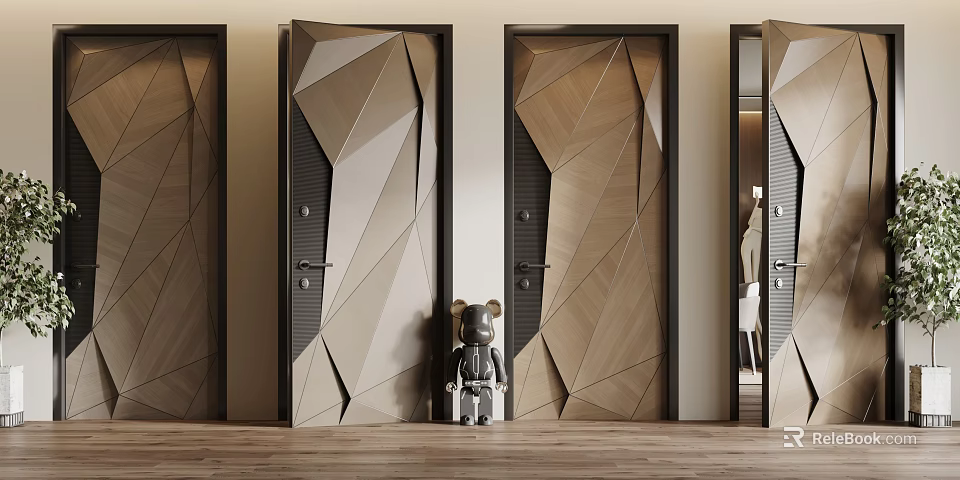Modern Swing Door Interior Design With Geometric Patterns And Wooden Texture 3d model 