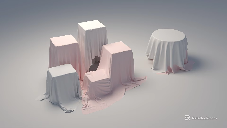 Pink and White Table and Chair Set with Square Round Tables Covered in Draped Fabric 3d model 