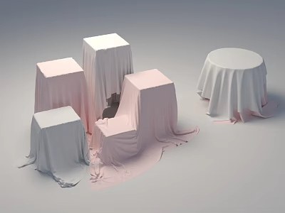 Pink and White Table and Chair Set with Square Round Tables Covered in Draped Fabric 3d model
