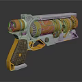 Futuristic Sci Fi Gun With Golden Silver Metal Parts Wooden Grip And Green Glowing Elements