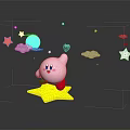 Pink Cartoon Character On Yellow Star With Stars Clouds Moon Heart In Dark Background