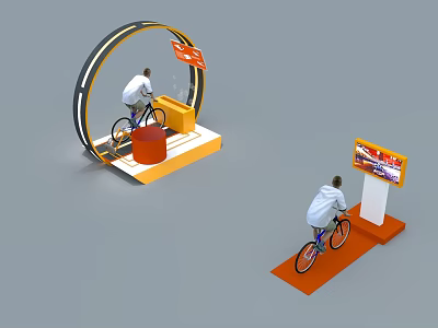 DP Installation Featuring Arched Design People Riding Bicycles Orange Platform And Display Screens 3d model