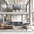 Modern Luxurious Living Room Navy Blue Sofa With Orange Throw Pillows And Wooden Coffee Table