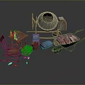 Miscellaneous Items Including Cement Mixer Wheelbarrow Wooden Chair Table Beer Bottles And Cardboard Box