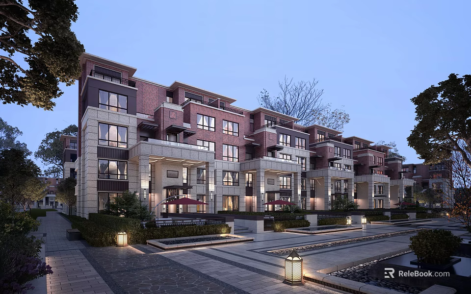Luxury Two Story Townhouse Exterior With Landscaped Courtyard Warm Lighting And Stone Facade 3d model 
