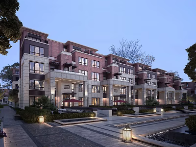 Luxury Two Story Townhouse Exterior With Landscaped Courtyard Warm Lighting And Stone Facade 3d model