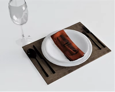 Elegant Dinnerware Set With White Plates Brown Napkin Knife Fork Spoon On Wooden Placemat 3d model
