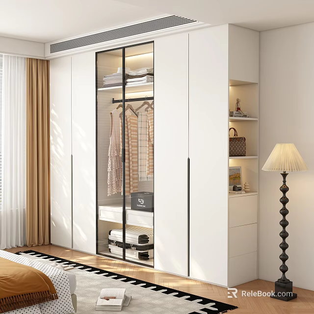 Modern White Wardrobe Interior With Glass Door Hanging Folded Clothes And Storage Cabinets 3d model 