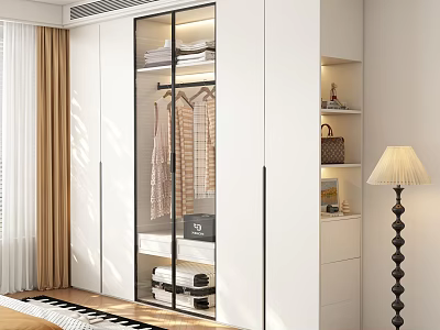 Modern White Wardrobe Interior With Glass Door Hanging Folded Clothes And Storage Cabinets 3d model