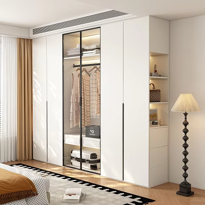Modern White Wardrobe Interior With Glass Door Hanging Folded Clothes And Storage Cabinets 3d model