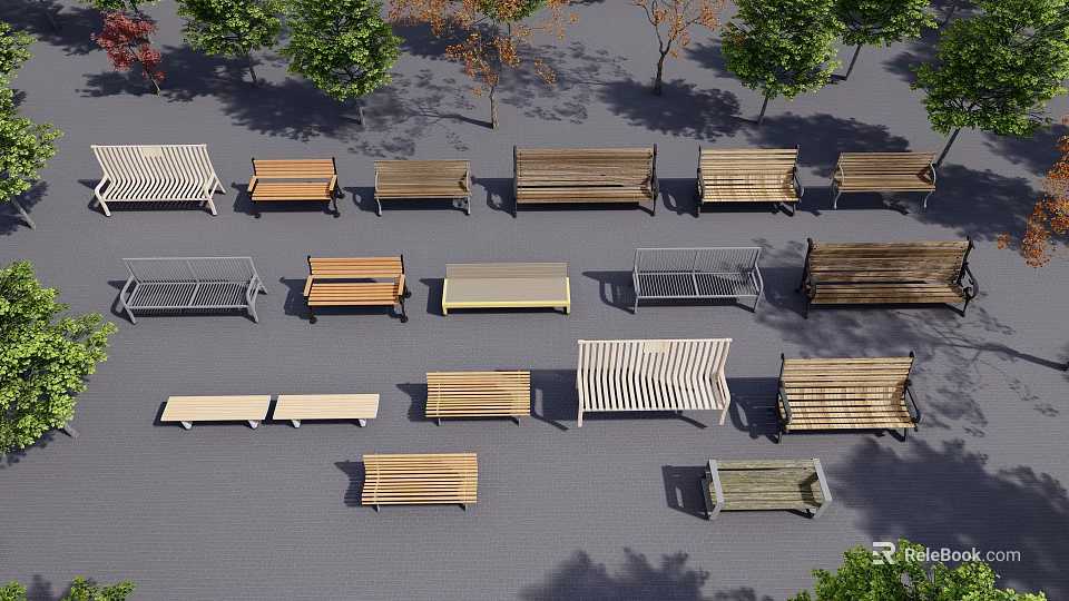 Various Design Landscape Seats With Wooden Metal Frames In Outdoor Park Area 3d model 