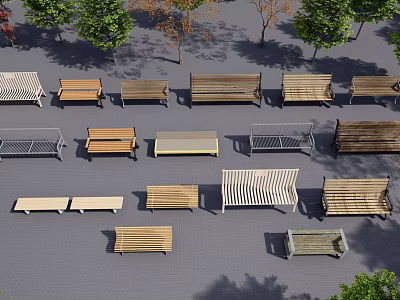Various Design Landscape Seats With Wooden Metal Frames In Outdoor Park Area 3d model