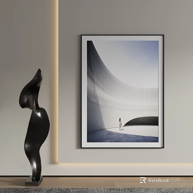 Modern Black Abstract Sculpture Displayed In Interior With Framed Wall Art 3d model 