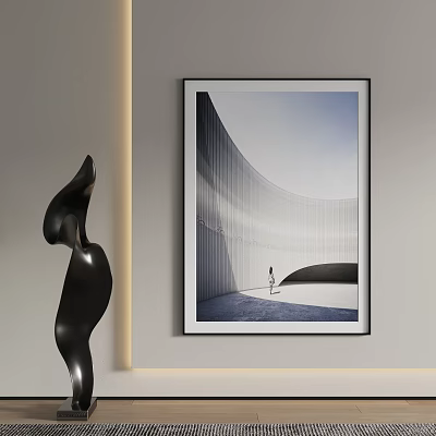 Modern Black Abstract Sculpture Displayed In Interior With Framed Wall Art 3d model