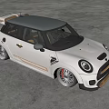 Silver Gray MINI Cooper With Black Roof Orange Stripes In Modern Indoor Space