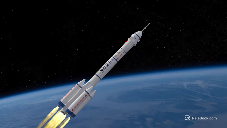 Long March 3B Rocket Thrusting Into Space With Earth And Stars Background 3d model