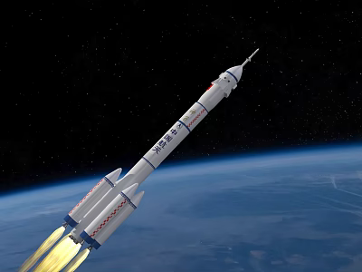 Long March 3B Rocket Thrusting Into Space With Earth And Stars Background 3d model