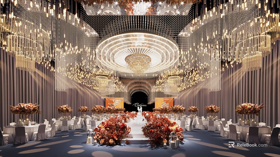 Elegant Banquet Hall with Luxurious Chandeliers Wedding Stage and Floral Arrangements 3d model 