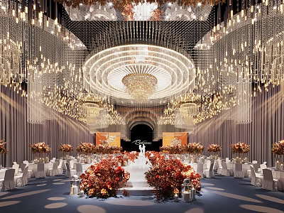 Elegant Banquet Hall with Luxurious Chandeliers Wedding Stage and Floral Arrangements 3d model