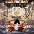 Elegant Banquet Hall with Luxurious Chandeliers Wedding Stage and Floral Arrangements