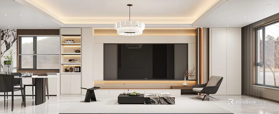 Modern Duplex Living Room Interior With TV Wall Chandelier And Coffee Table Decor 3d model 