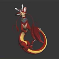 Fantasy Dragon Character Long Ears Red Body White Antlers Colorful Scarf Yellow Tail Standing Pose