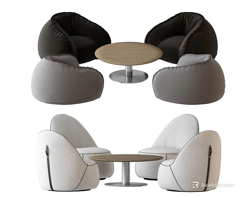 Casual Sofa Set with Black Grey and Light Colored Seats and Round Wooden Coffee Table 3d model 