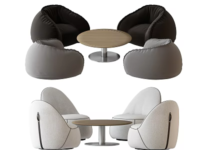 Casual Sofa Set with Black Grey and Light Colored Seats and Round Wooden Coffee Table 3d model