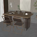 Wooden Dining Table Set with Transparent Back Metal Frame Chairs Open Book Vase and Plant