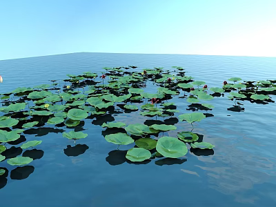 Vibrant Red Flowers And Green Lotus Leaves Floating On Calm Water Surface 3d model