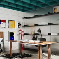 Modern Office Interior Design With Teal Ceiling White Walls Shelves Wooden Desk And Potted Plant