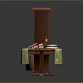 Brown Wooden Bookshelf With Multiple Shelves And Small Round Table With Tablecloth Books And Candle