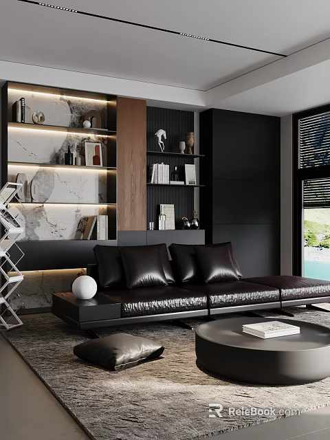 Modern Living Room Interior With Black Leather Sofa Marble Bookshelves And Floor To Ceiling Window 3d model 