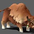 Brown Yak 3D Model with Long Fur Green Collar and White Hooves
