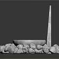 Gray Stone Sculptural Structure With Central Hole Circular Disk And Surrounding Pebbles