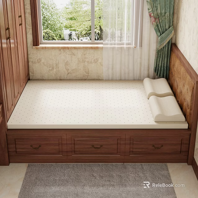 Comfortable Beige Dotted Mattress on Wooden Bed Frame with Drawers and Pillows Near Window 3d model 