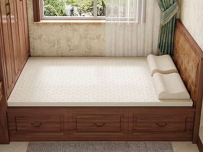 Comfortable Beige Dotted Mattress on Wooden Bed Frame with Drawers and Pillows Near Window 3d model