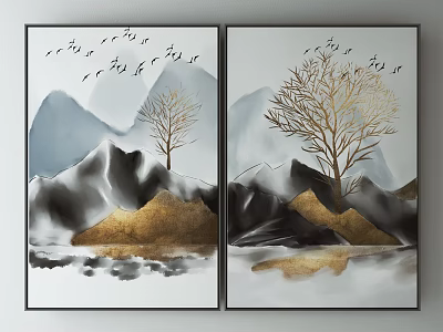 Modern Landscape Painting with Golden Trees Black White Mountains and Flying Birds 3d model