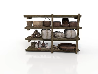 Multi tiered Rustic Wooden Shelf Displaying Baskets Clay Pots Fabric Rolls And Tray 3d model