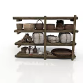 Multi tiered Rustic Wooden Shelf Displaying Baskets Clay Pots Fabric Rolls And Tray